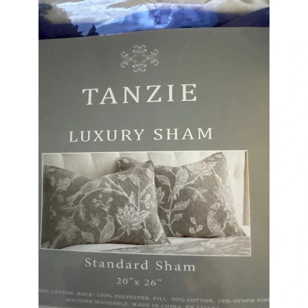 Tanzie Luxury Standard Sham Set of 2 Grey White Floral Bird Quilted 20x26
